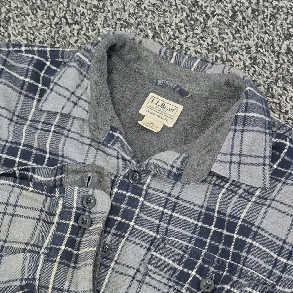 LL Bean Fleece Lined Flannel Shirt Jacket Mens Medium‎ Gray Plaid Shacket 298189